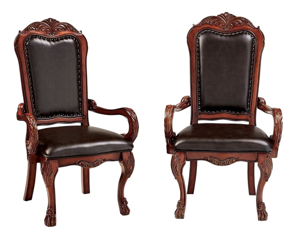 Set of Two Brown Upholstered Faux Leather Queen Anne Back Dining Arm Chairs HomeRoots