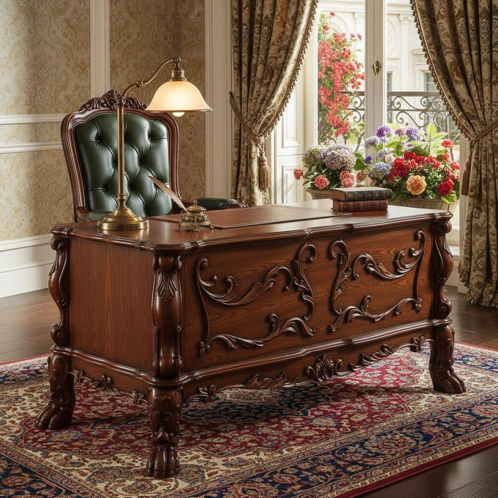 72" Brick Red Solid Manufactured Wood and Solid Wood Executive Desk With Five Drawers — view 5
