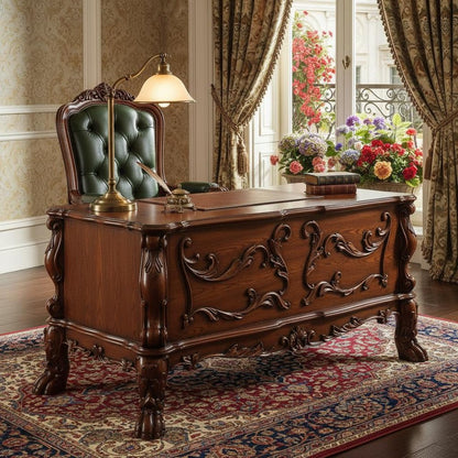 72" Brick Red Solid Manufactured Wood and Solid Wood Executive Desk With Five Drawers