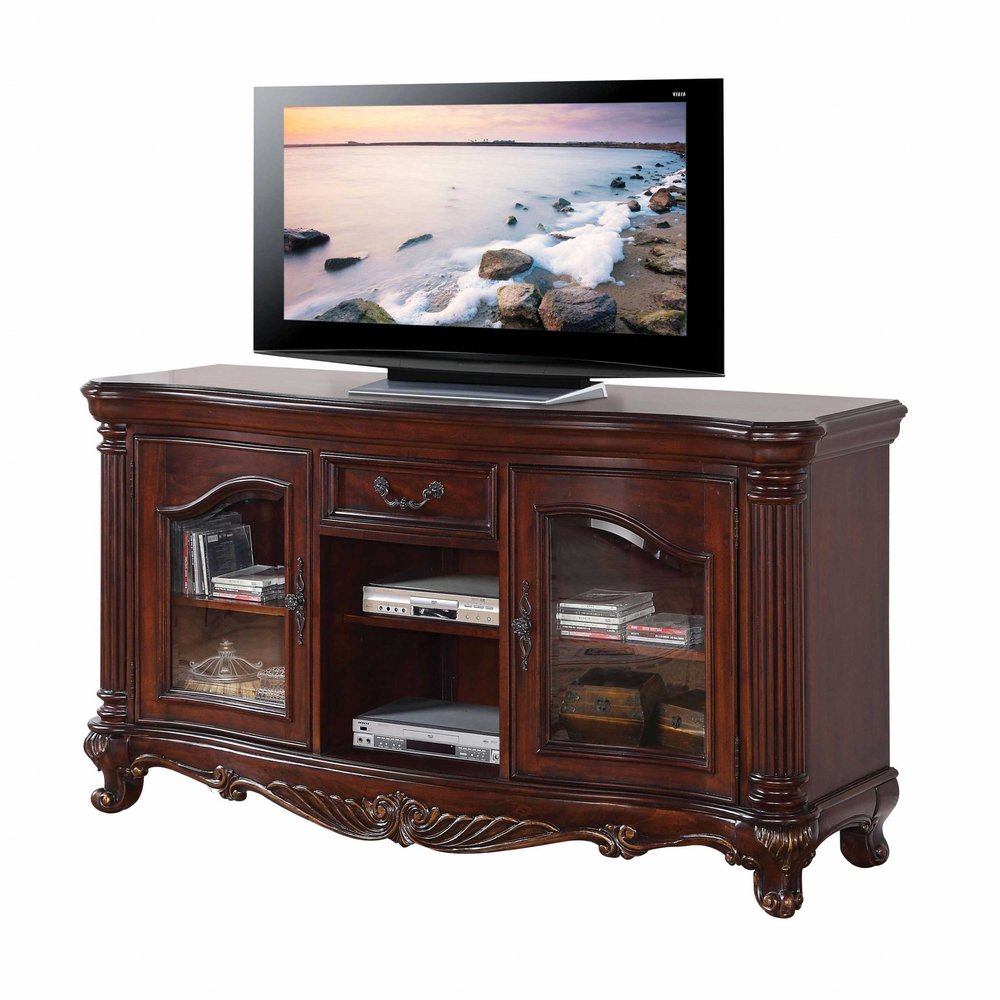 65" Brown Cherry Cabinet Enclosed Storage TV Stand with Bookcase HomeRoots