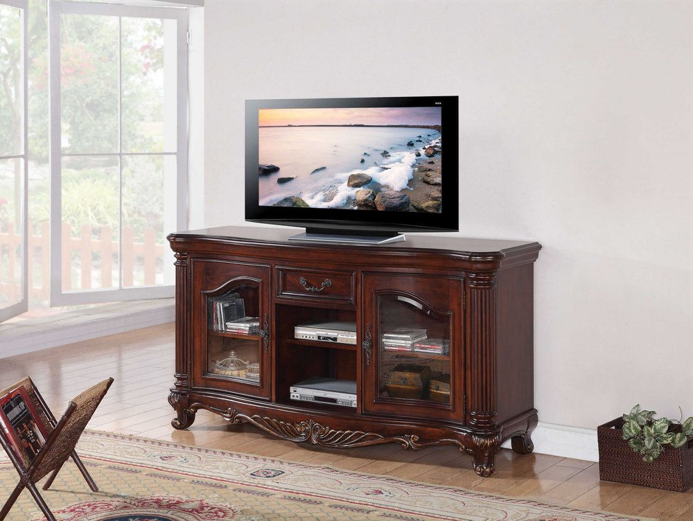 65" Brown Cherry Cabinet Enclosed Storage TV Stand with Bookcase HomeRoots