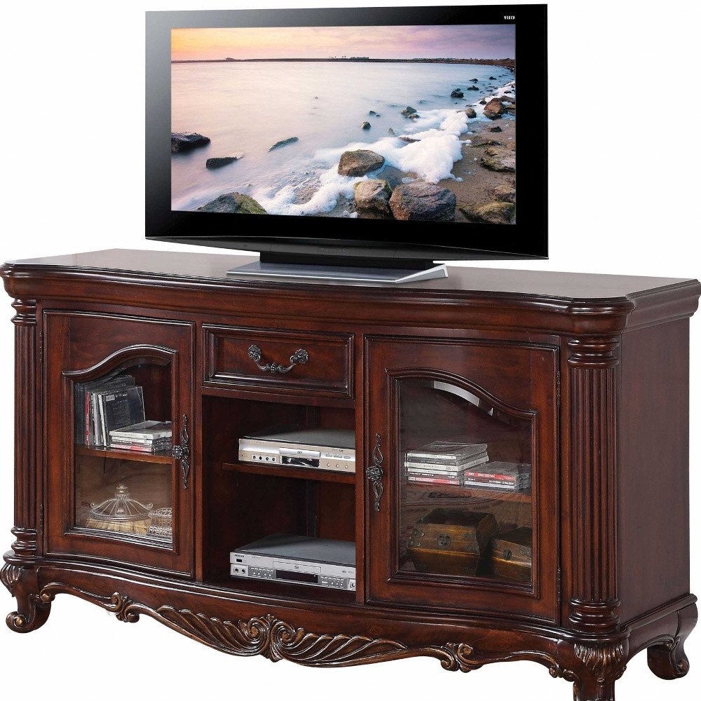 65" Brown Cherry Cabinet Enclosed Storage TV Stand with Bookcase HomeRoots