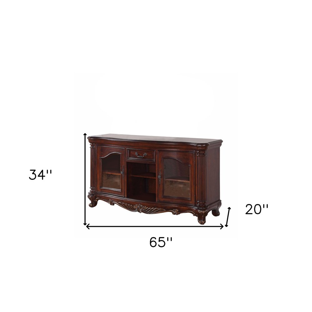 65" Brown Cherry Cabinet Enclosed Storage TV Stand with Bookcase HomeRoots
