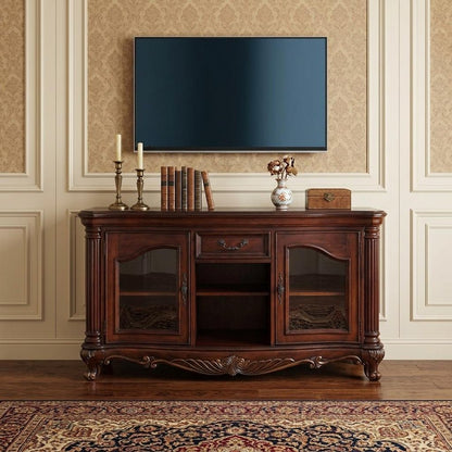 65" Brown Cherry Cabinet Enclosed Storage TV Stand with Bookcase HomeRoots