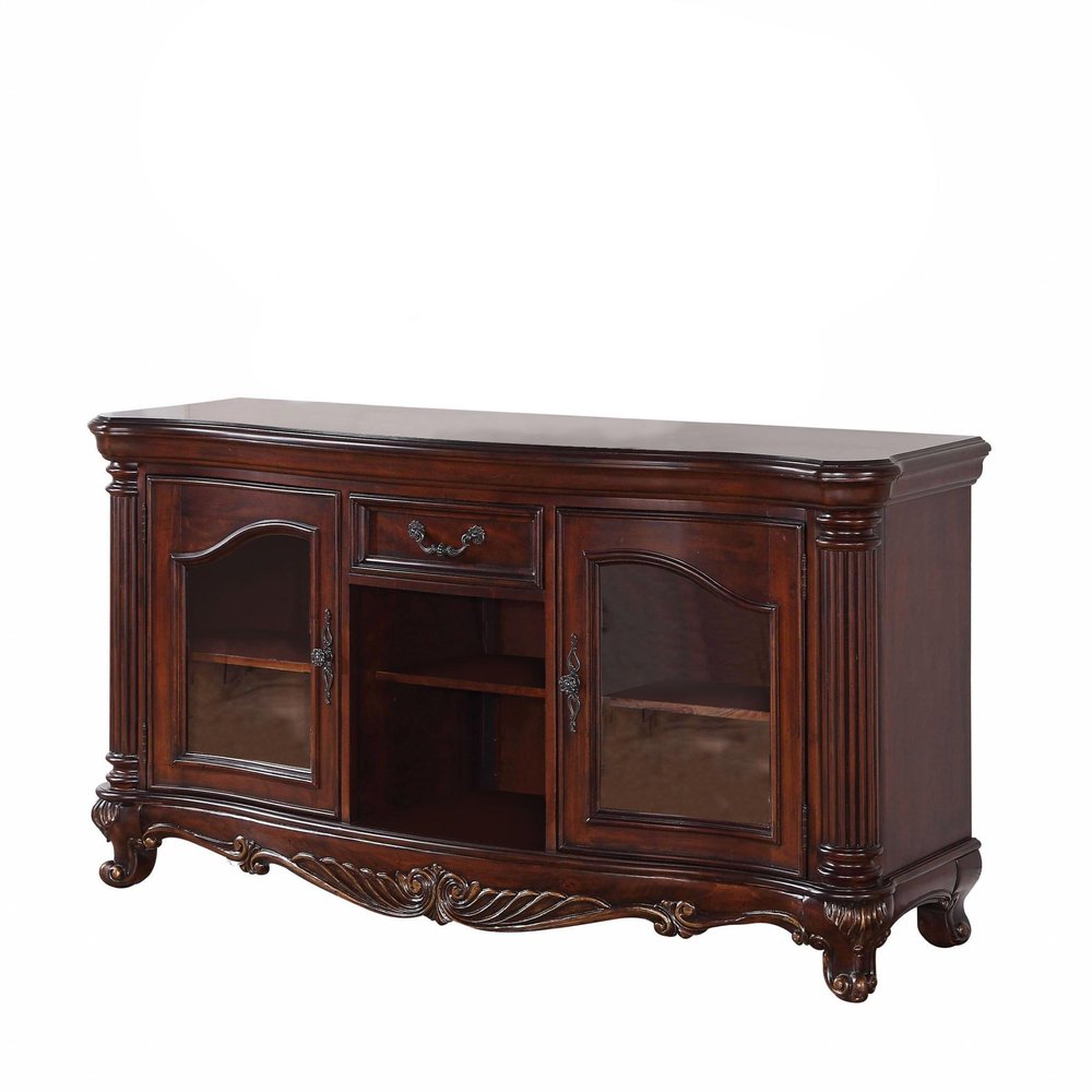 65" Brown Cherry Cabinet Enclosed Storage TV Stand with Bookcase HomeRoots