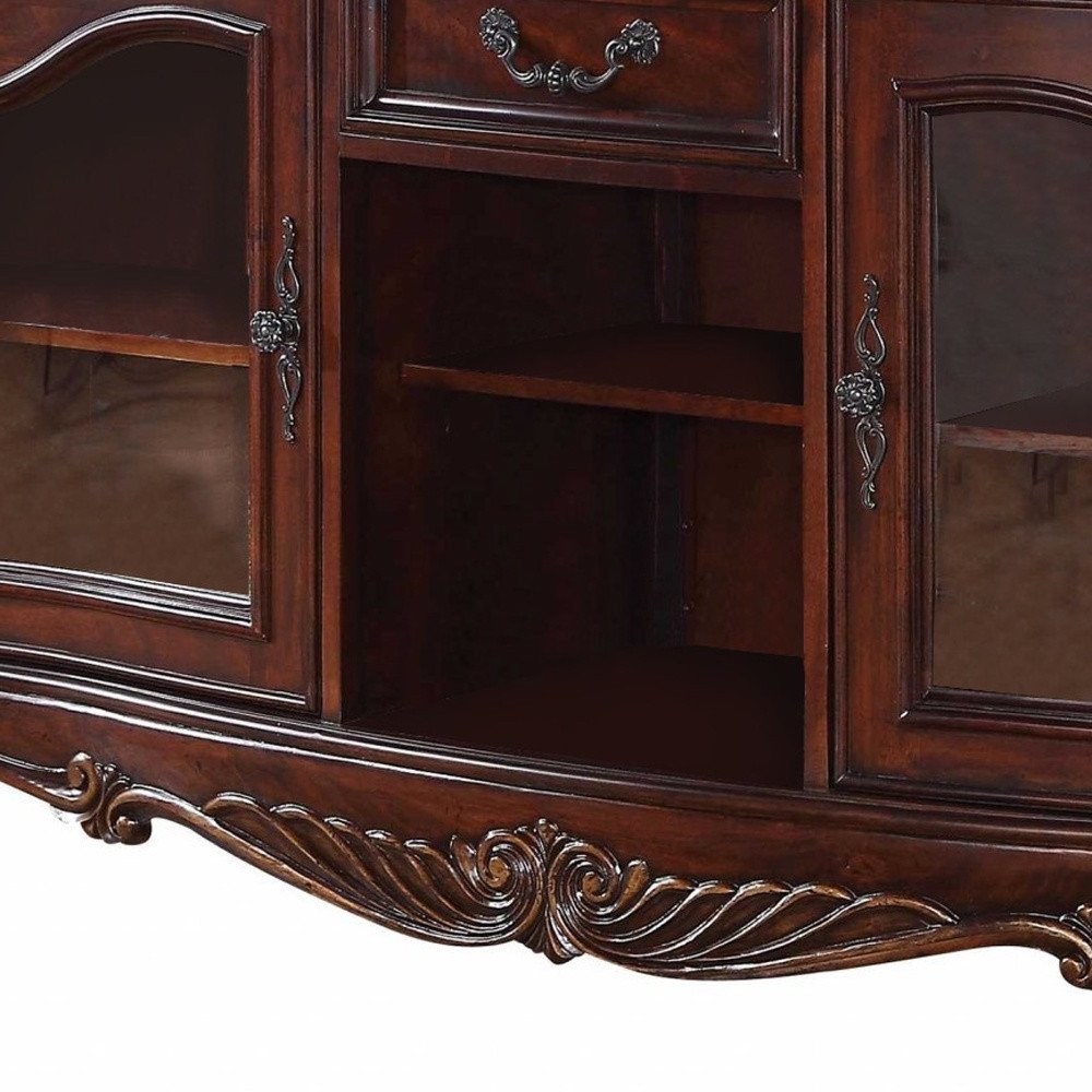 65" Brown Cherry Cabinet Enclosed Storage TV Stand with Bookcase HomeRoots