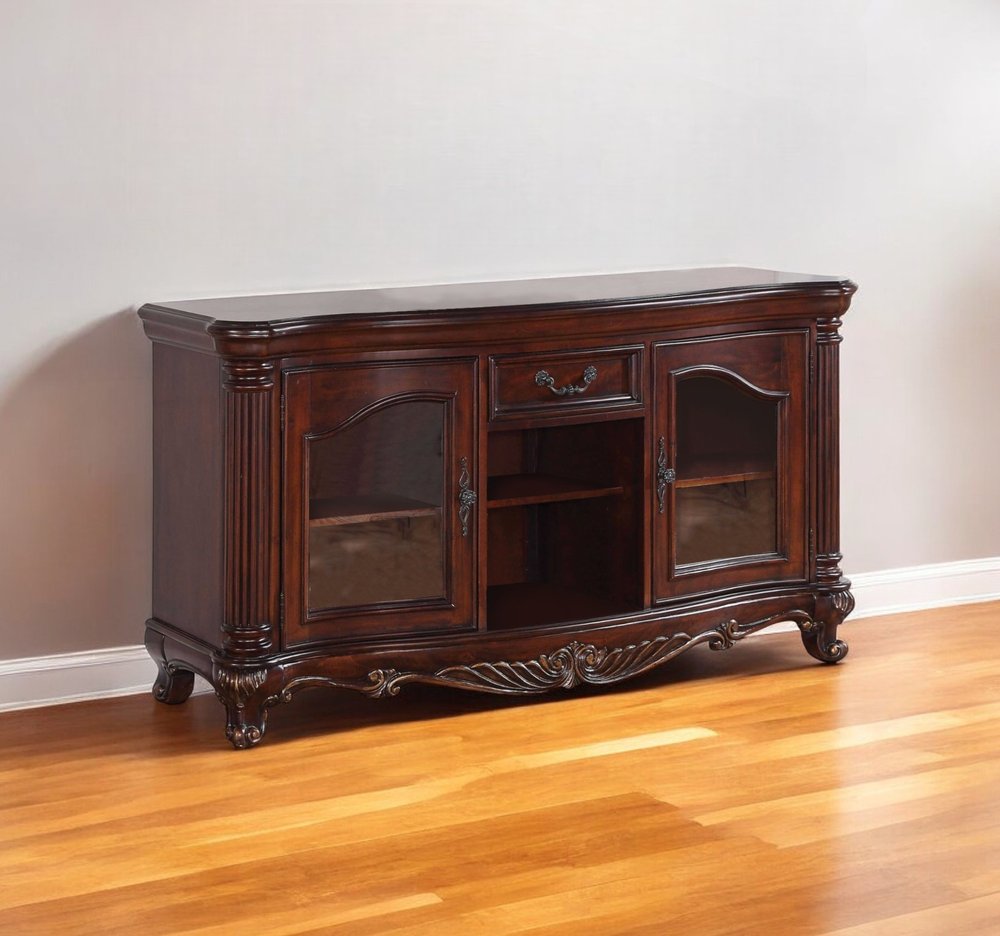 65" Brown Cherry Cabinet Enclosed Storage TV Stand with Bookcase HomeRoots