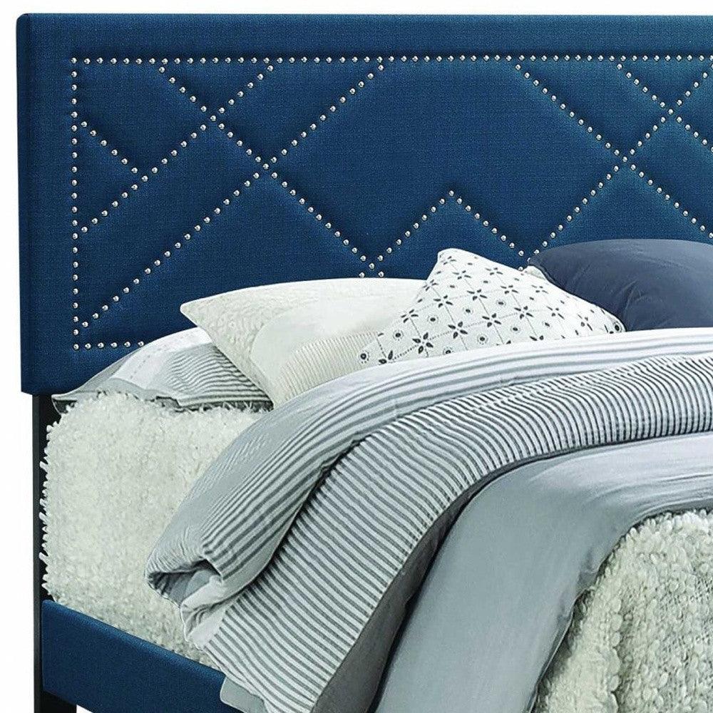 Dark Teal Standard Bed Upholstered With Nailhead Trim And With Headboard - FurniFindUSA