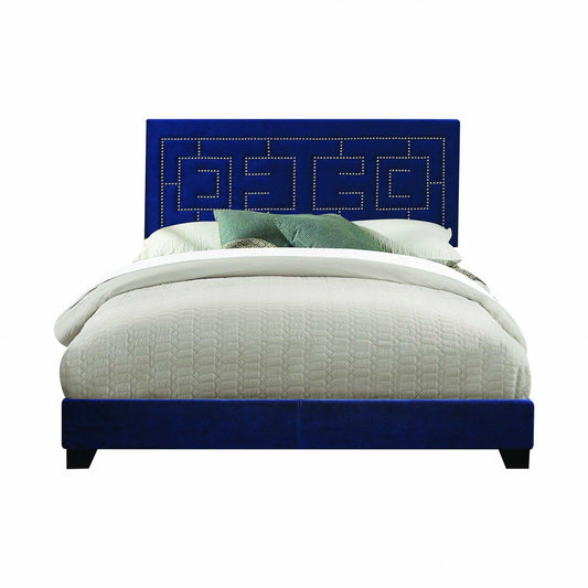 Dark Blue Standard Bed Upholstered With Nailhead Trim And With Headboard - FurniFindUSA