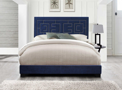 Dark Blue Standard Bed Upholstered With Nailhead Trim And With Headboard - FurniFindUSA