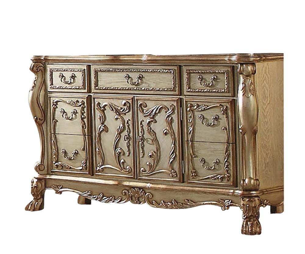 66" Gold Solid Wood Carved Scrollwork Seven Drawer Sideboard with Two Doors HomeRoots