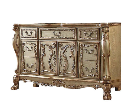66" Gold Solid Wood Carved Scrollwork Seven Drawer Sideboard with Two Doors HomeRoots