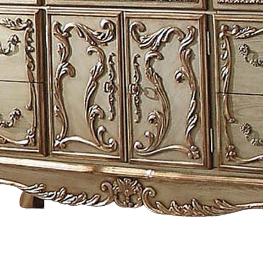 66" Gold Solid Wood Carved Scrollwork Seven Drawer Sideboard with Two Doors HomeRoots