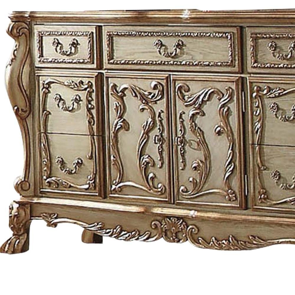 66" Gold Solid Wood Carved Scrollwork Seven Drawer Sideboard with Two Doors HomeRoots