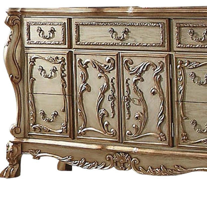 66" Gold Solid Wood Carved Scrollwork Seven Drawer Sideboard with Two Doors HomeRoots
