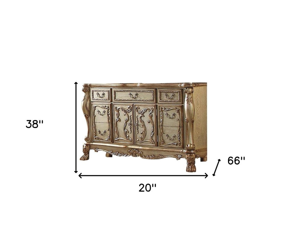66" Gold Solid Wood Carved Scrollwork Seven Drawer Sideboard with Two Doors HomeRoots