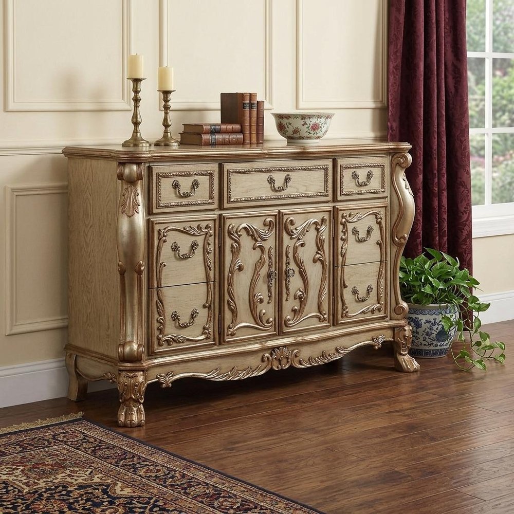66" Gold Solid Wood Carved Scrollwork Seven Drawer Sideboard with Two Doors HomeRoots