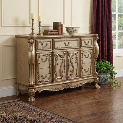 66" Gold Solid Wood Carved Scrollwork Seven Drawer Sideboard with Two Doors HomeRoots