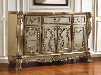 66" Gold Solid Wood Carved Scrollwork Seven Drawer Sideboard with Two Doors HomeRoots