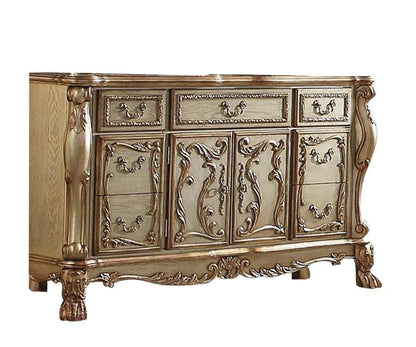 66" Gold Solid Wood Carved Scrollwork Seven Drawer Sideboard with Two Doors HomeRoots