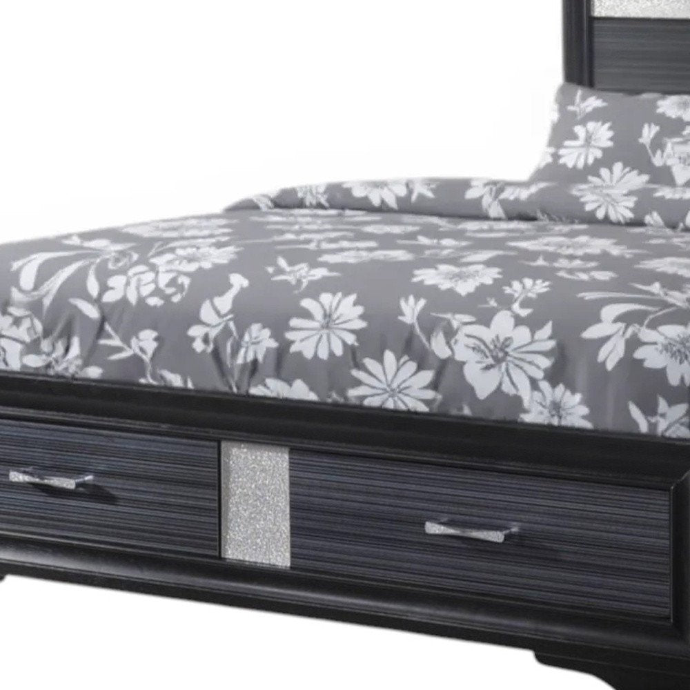 Black Gray and Silver Faux Crystal Bling Wood King Bed Frame With Two Drawers HomeRoots