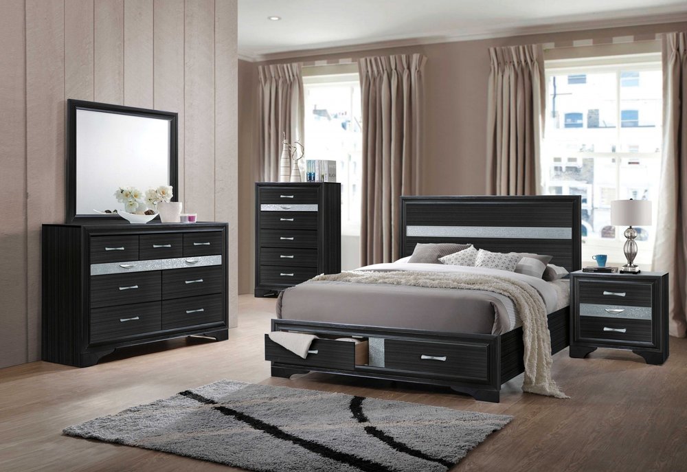Black Gray and Silver Faux Crystal Bling Wood King Bed Frame With Two Drawers HomeRoots