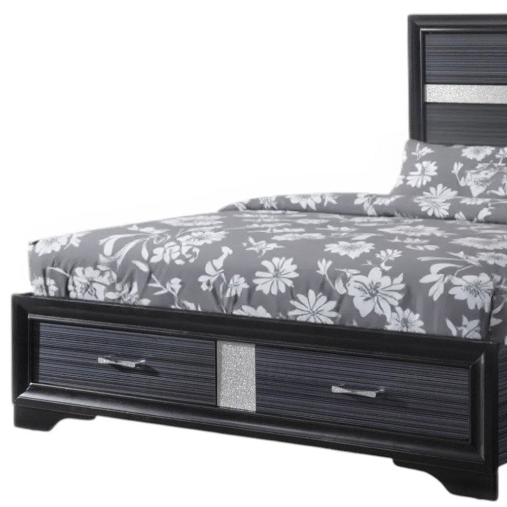 Black Gray and Silver Faux Crystal Bling Wood King Bed Frame With Two Drawers HomeRoots