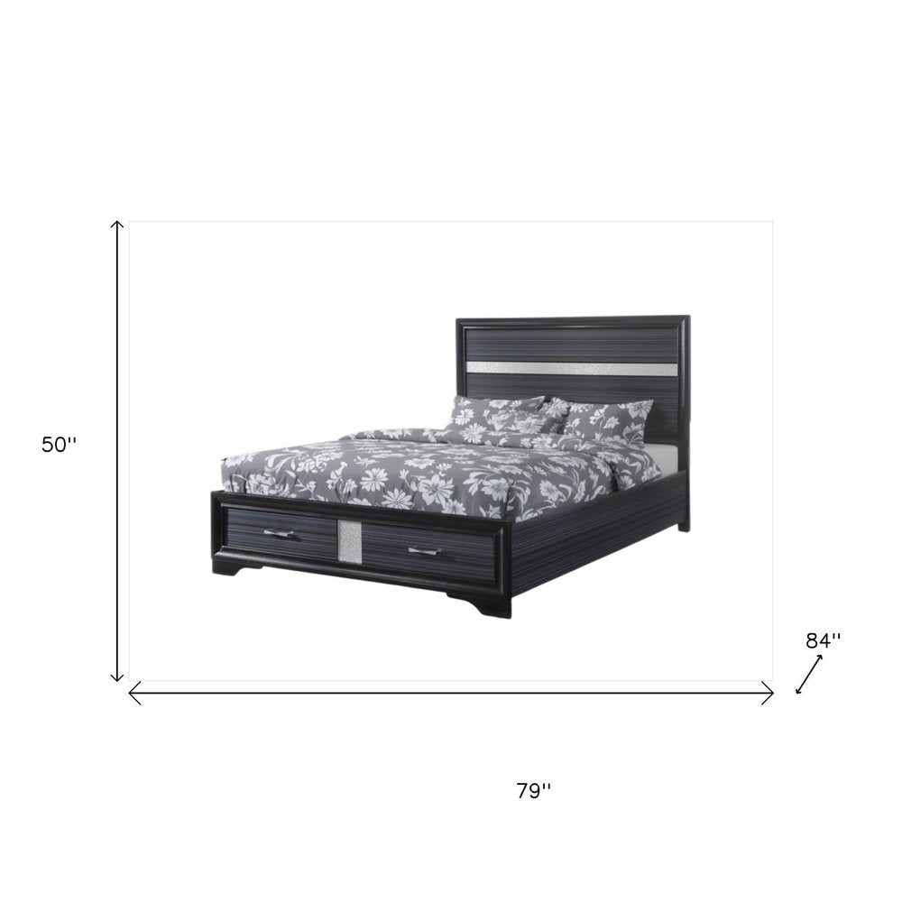 Black Gray and Silver Faux Crystal Bling Wood King Bed Frame With Two Drawers HomeRoots
