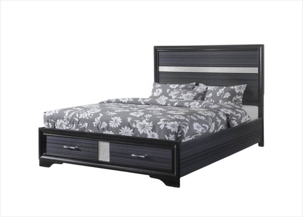 Black Gray and Silver Faux Crystal Bling Wood King Bed Frame With Two Drawers HomeRoots