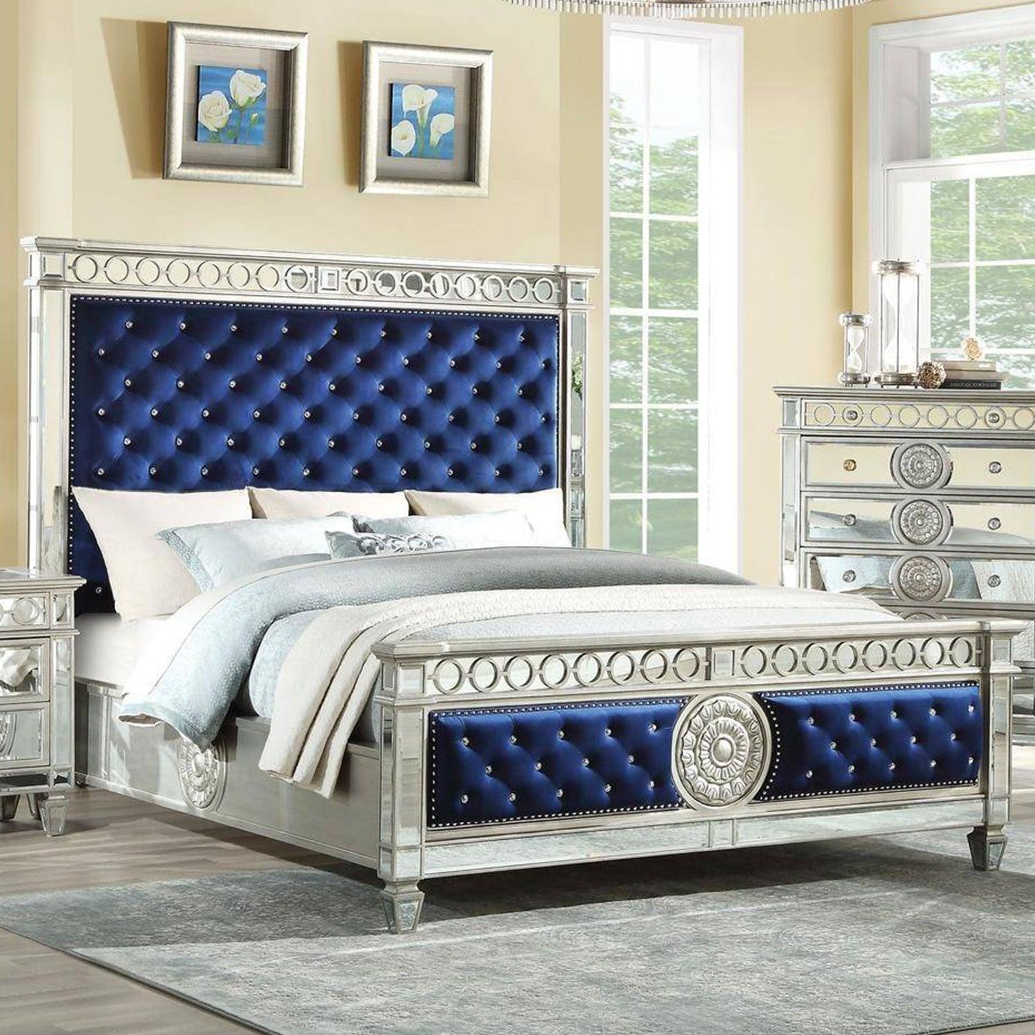 King Tufted Blue Upholstered Velvet Bed With Nailhead Trim - FurniFindUSA