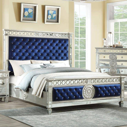 King Tufted Blue Upholstered Velvet Bed With Nailhead Trim - FurniFindUSA