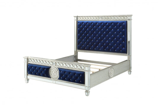 King Tufted Blue Upholstered Velvet Bed With Nailhead Trim - FurniFindUSA