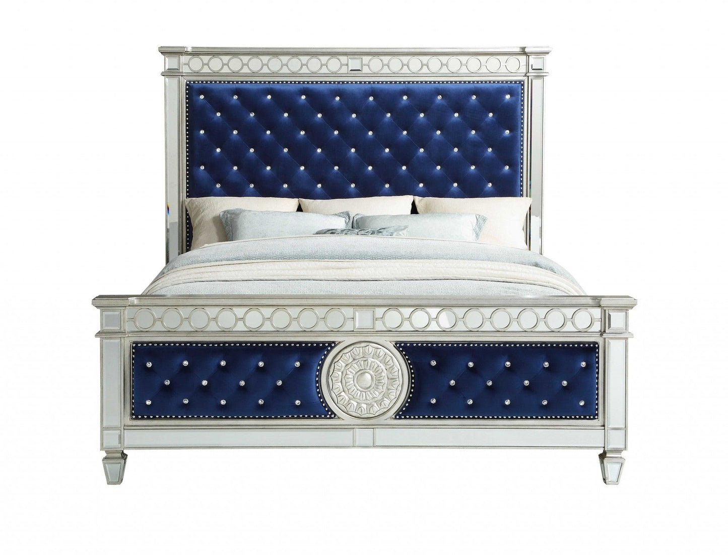 King Tufted Blue Upholstered Velvet Bed With Nailhead Trim - FurniFindUSA