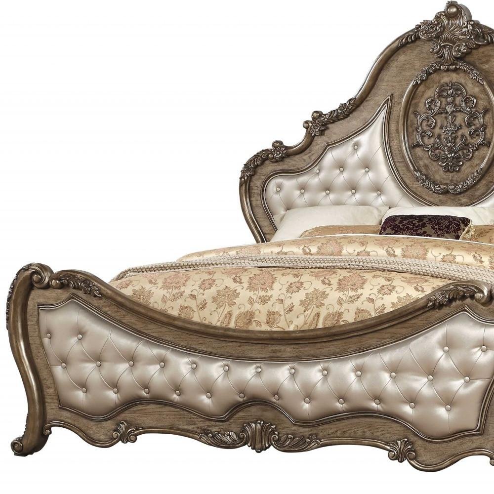 Queen Tufted Bronze Upholstered Faux Leather Bed With Nailhead Trim HomeRoots