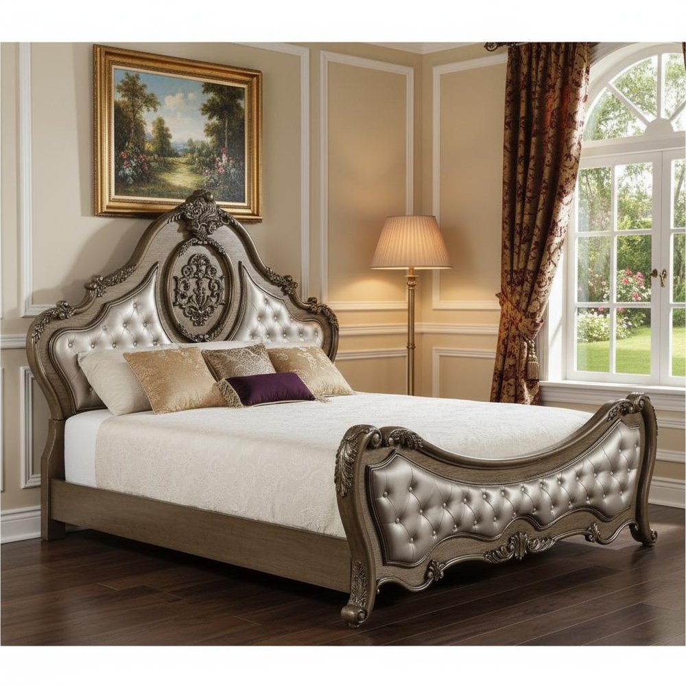 Queen Tufted Bronze Upholstered Faux Leather Bed With Nailhead Trim HomeRoots