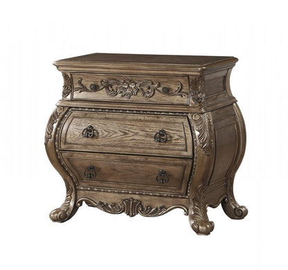 34" Champagne Novelty Three Drawers Solid Wood Nightstand HomeRoots