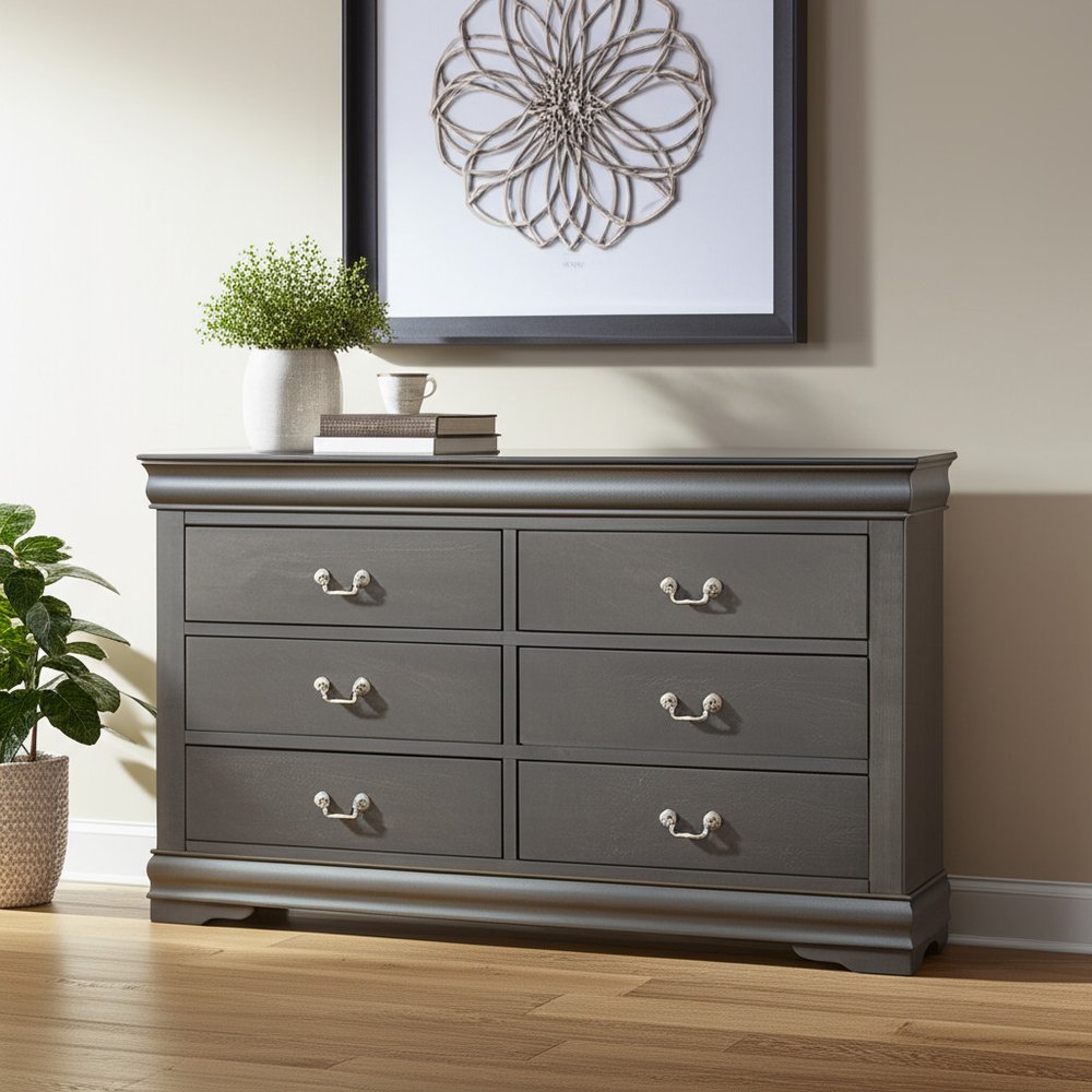 57" Gray Solid Wood Six Drawer Double Dresser HomeRoots