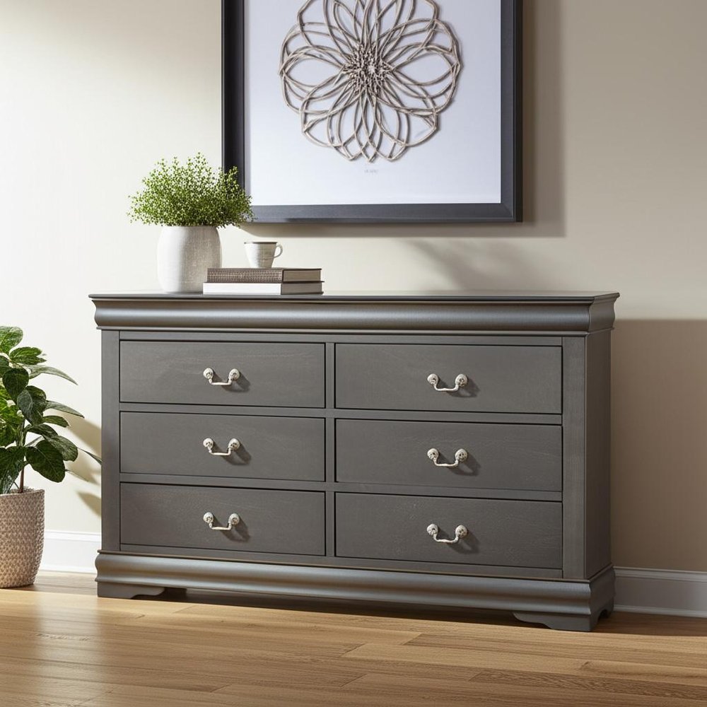 57" Gray Solid Wood Six Drawer Double Dresser HomeRoots