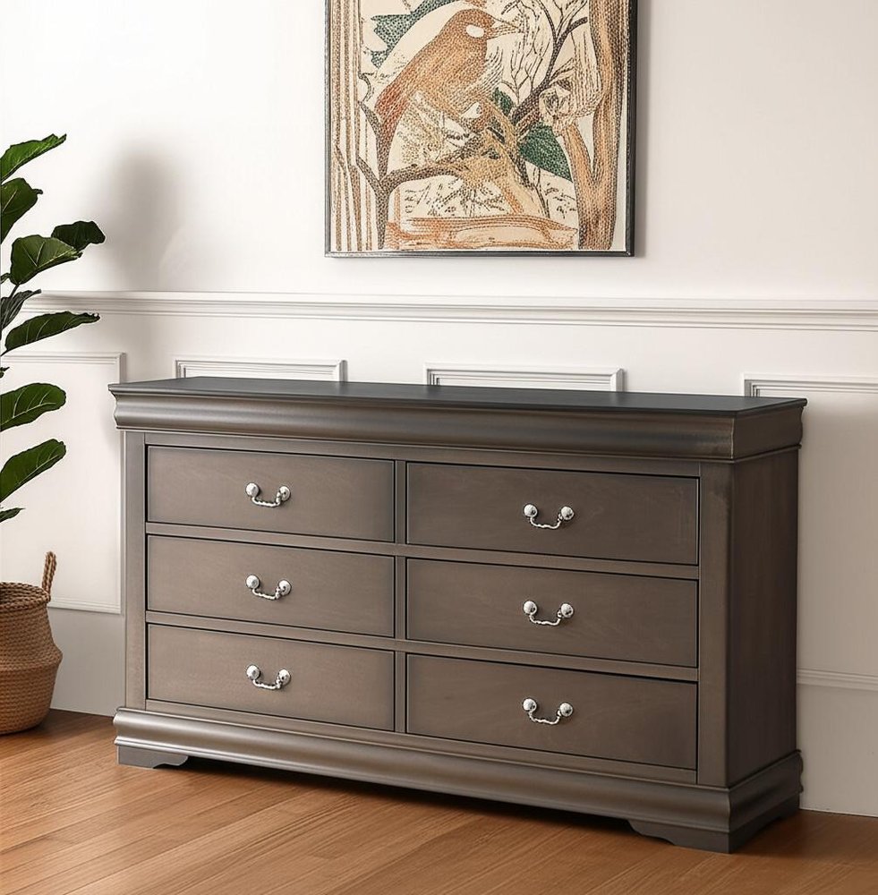 57" Gray Solid Wood Six Drawer Double Dresser HomeRoots