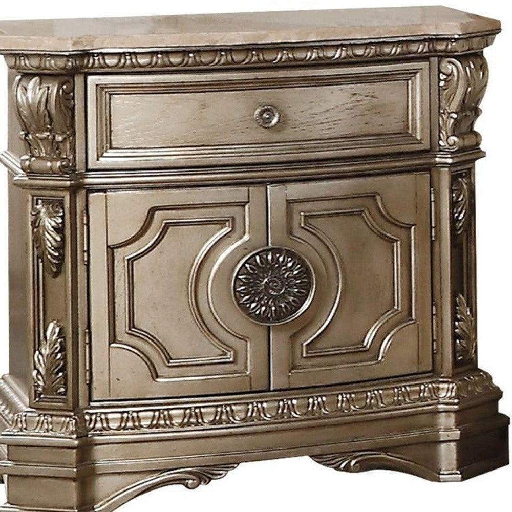 29" Champagne One Drawer Faux Marble and Solid Wood Nightstand With Storage - FurniFindUSA