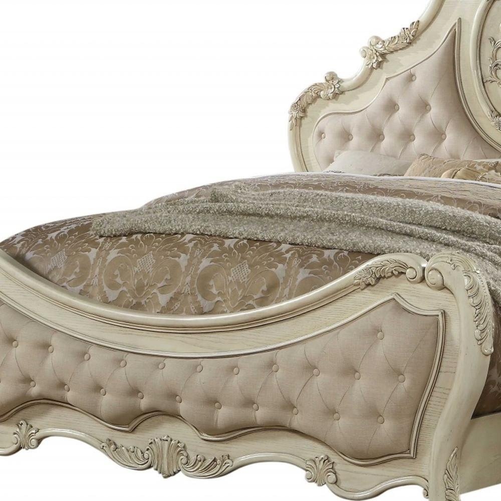 Beige Wood And Tufted Linen Queen Bed Frame With Nailhead Trim HomeRoots
