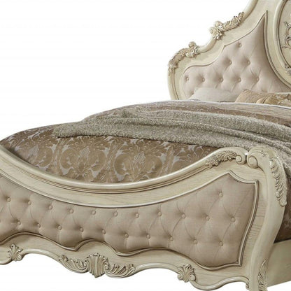 Beige Wood And Tufted Linen Queen Bed Frame With Nailhead Trim HomeRoots