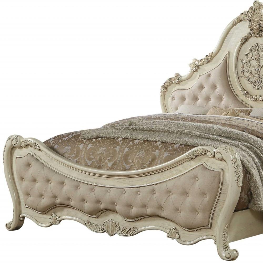 Beige Wood And Tufted Linen Queen Bed Frame With Nailhead Trim HomeRoots