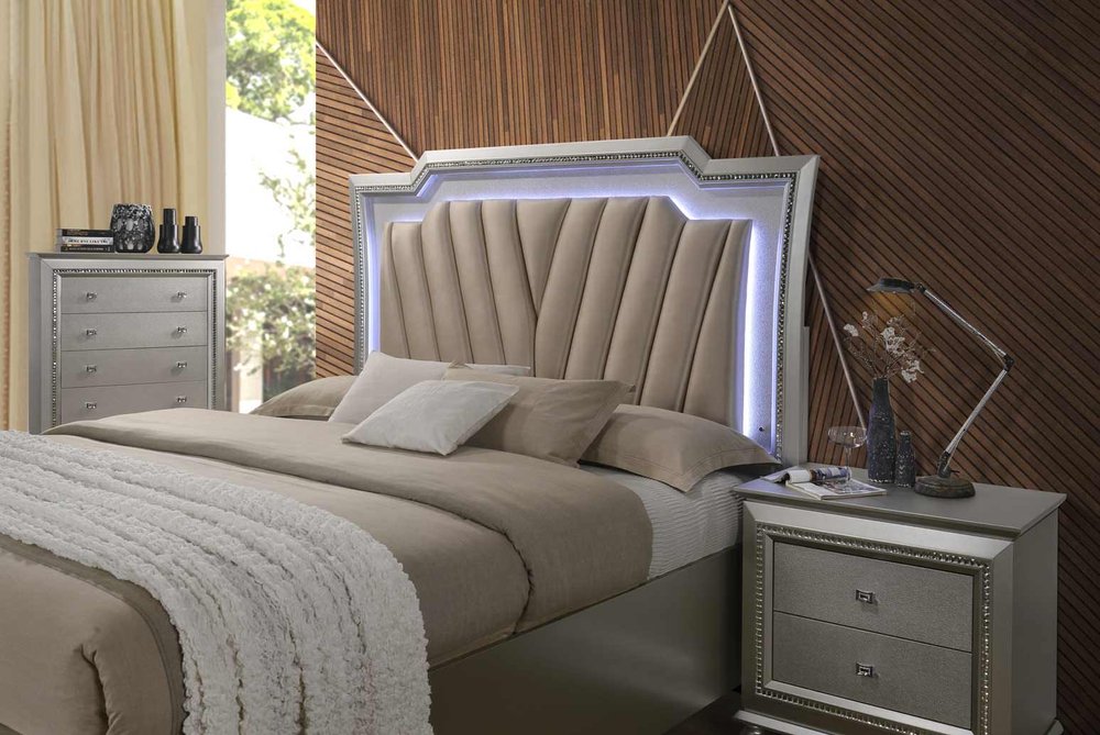 67" X 91" X 69" Pu Champagne Wood Upholstered (Hb) Led Queen Bed HomeRoots