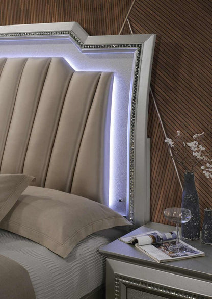 67" X 91" X 69" Pu Champagne Wood Upholstered (Hb) Led Queen Bed HomeRoots