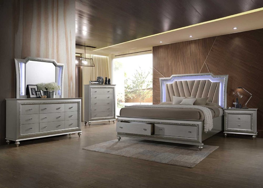 67" X 91" X 69" Pu Champagne Wood Upholstered (Hb) Led Queen Bed HomeRoots