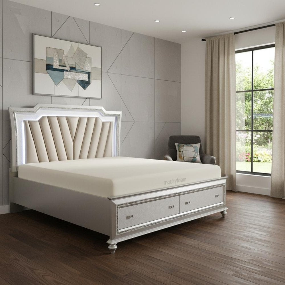 67" X 91" X 69" Pu Champagne Wood Upholstered (Hb) Led Queen Bed HomeRoots