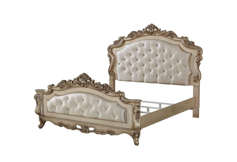 Antiqued White Wood And Tufted Silk Queen Bed Frame With Nailhead Trim HomeRoots