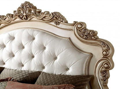 Antiqued White Wood And Tufted Silk Queen Bed Frame With Nailhead Trim HomeRoots
