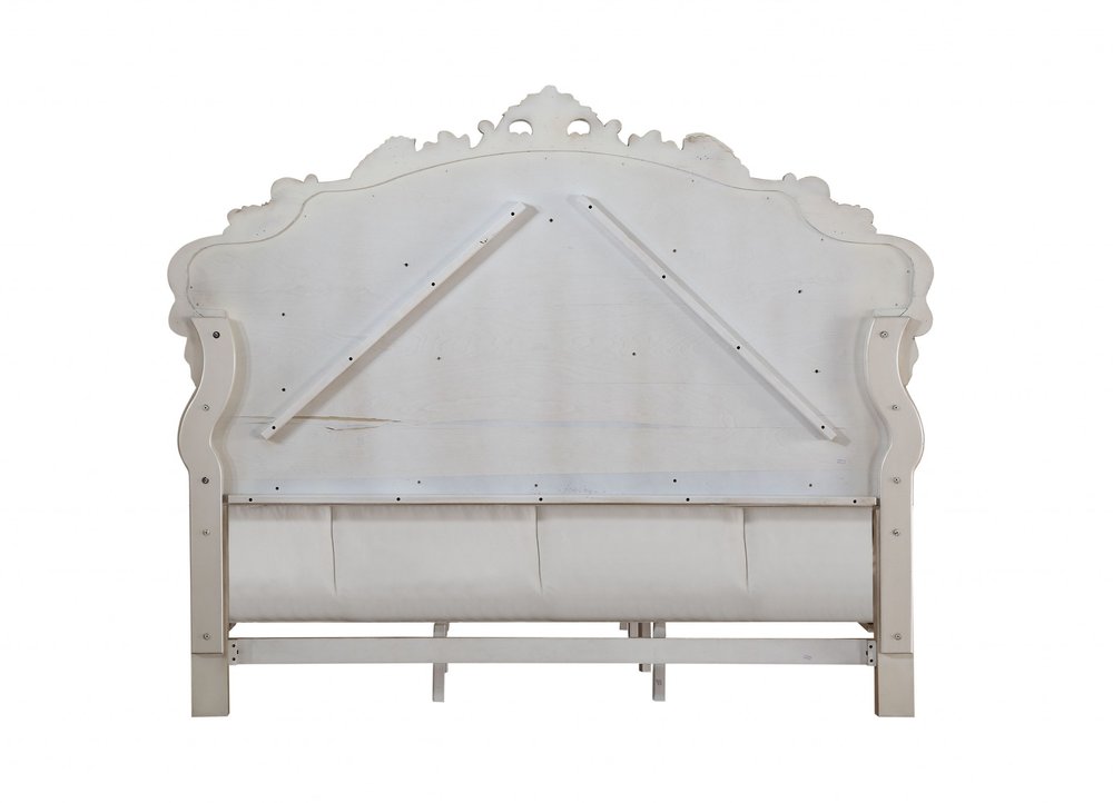 Antiqued White Wood And Tufted Silk Queen Bed Frame With Nailhead Trim HomeRoots